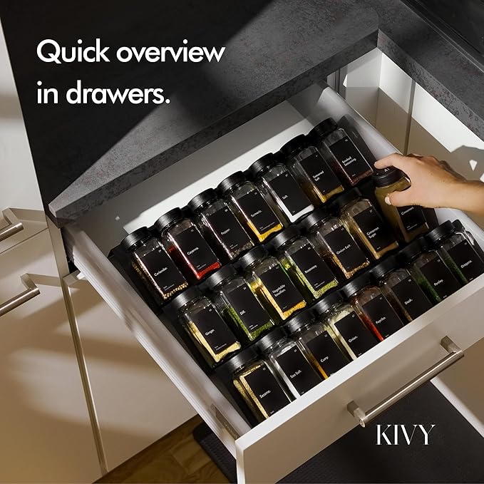 KIVY Spice Jars with Labels [24x 4oz] Glass Seasoning Containers with Airtight Lids for Organization - Empty Square Bottles for Spices & Seasonings with Shaker Lids - Spice Containers Wood Bamboo