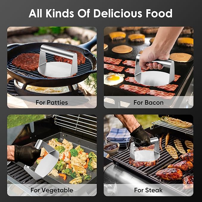 Joyfair 5.5” Smash Burger Press & 12” Cheese Melting Dome, Stainless Steel Hamburger Smasher & Large Basting Cover for Griddle, Non-Stick Grill Presses for Bacon, Meat, Patty, Flat Top Grilling Tools