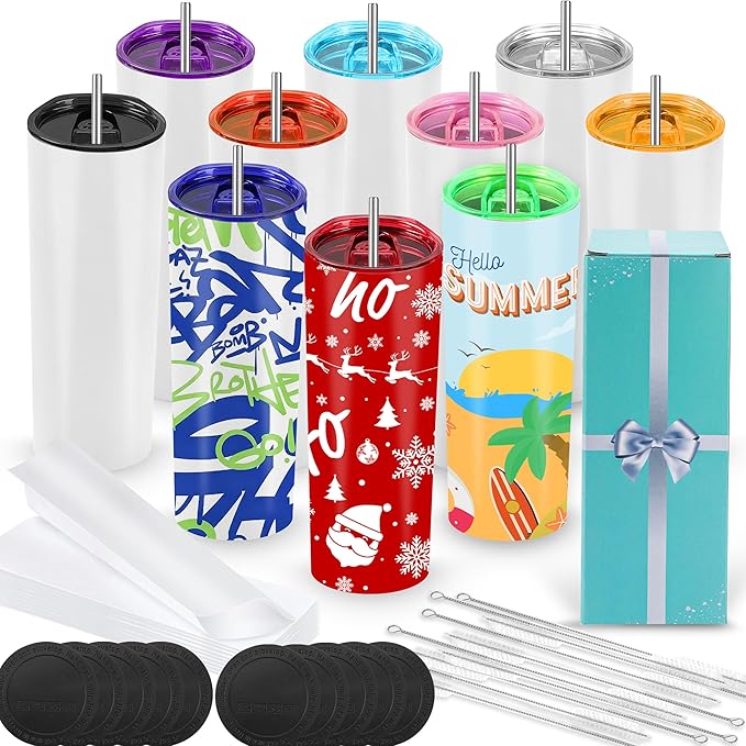 Joyclub 20oz Sublimation Tumblers Sublimation Cups with Straw for Heat Press Flat Edge Skinny Straight SublimationTumbler Colorfull Lids 10 pack
