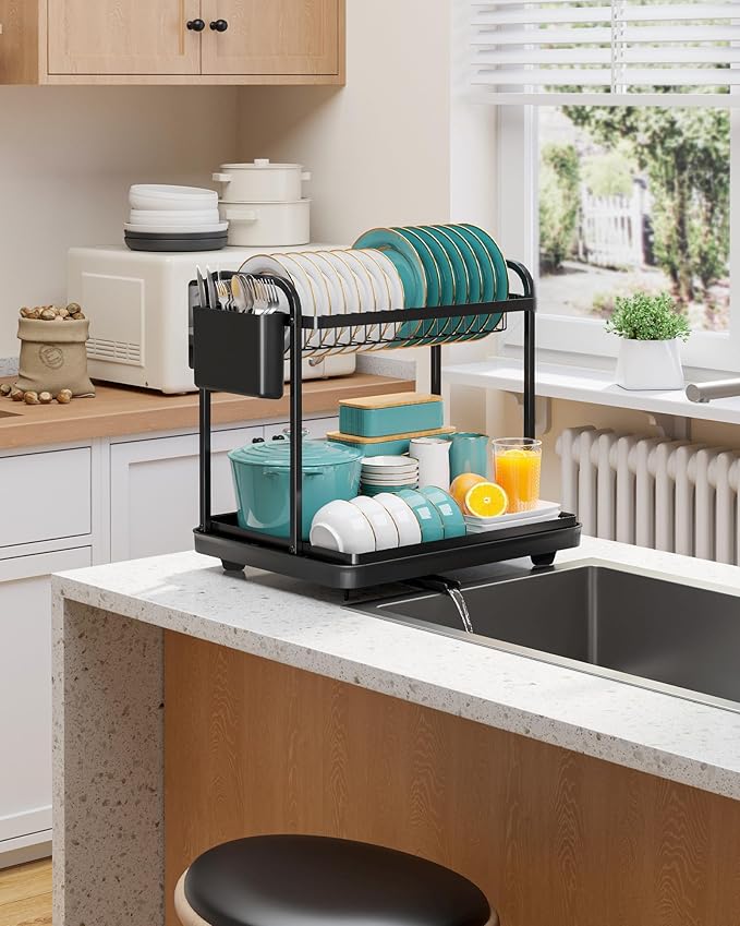 Sakugi 2-Tier Dish Drying Rack - Stainless Steel Dish Rack with Cutlery & Utensil Holders for Kitchen Counter, Sink Organization and Storage for Small Family, 15" W x 11.4" L x 15" H, Black