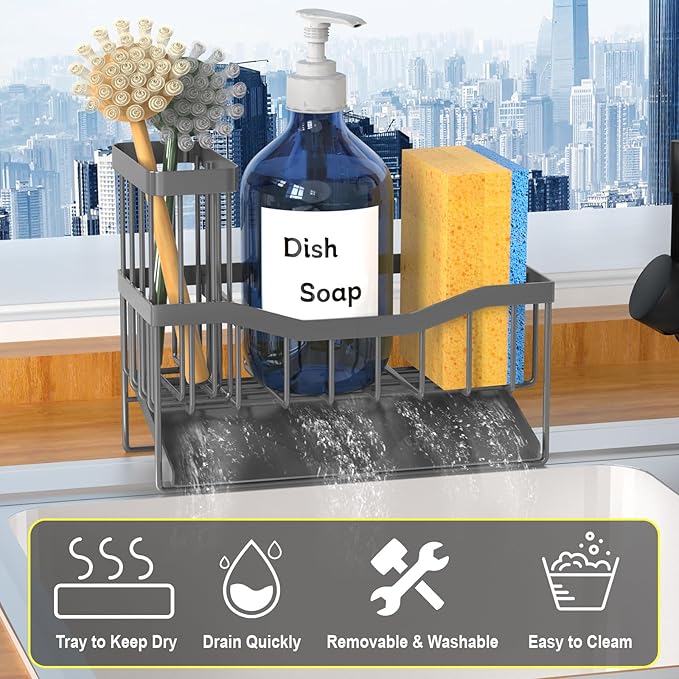 Maifan Sink Caddy Sponge Holder for Kitchen with Brush Holder and Stainless Steel Self Drain Tray, Rustproof Kitchen Sink Organizer for Sponge, Soap Dispenser Storage Accessories Dark Gray