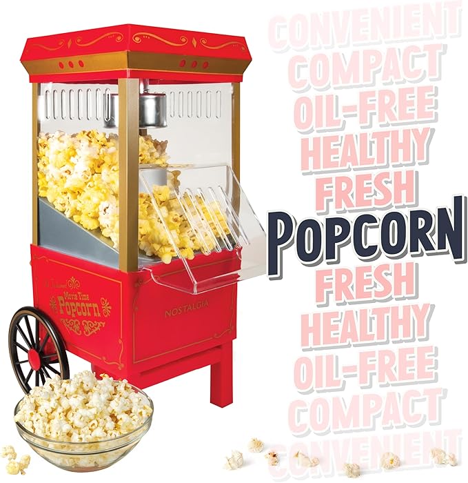 Nostalgia Vintage Hot-Air Popcorn Maker Machine - Makes Up to 12 Cups - Oil-Free - Healthier Popcorn - Classic Stand-Up Cart With Wheels - Includes Kernel Measuring Cup - Red
