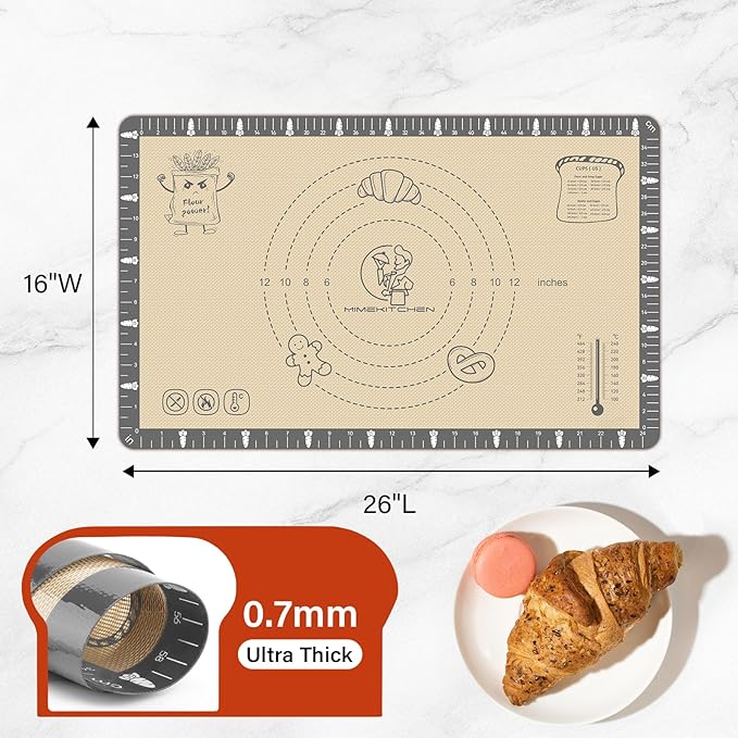 Extra Thick Silicone Mat for Baking Macaron, Bread, Pizza, Silicone Baking Mat with Measurement, Non Stick Pastry Mat for Dough Rolling Out, Heat Resistant to 480°F for Baker