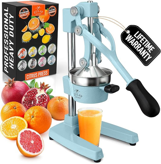 Zulay Kitchen Cast-Iron Orange Juice Squeezer - Heavy-Duty, Easy-to-Clean, Professional Citrus Juicer - Durable Stainless Steel Lemon Squeezer - Sturdy Manual Citrus Press & Orange Squeezer (Blue)