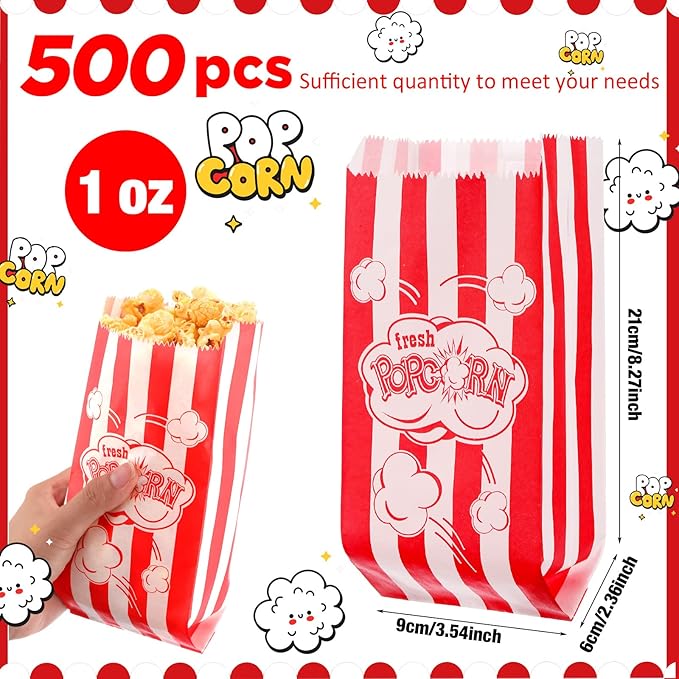 Potchen 502 Pieces Popcorn Machine Supplies Set Includes 500 Pcs 1oz Red and White Popcorn Bags Bundle Scoop and Stainless Steel Seasoning Dredge Salt Shaker for Party Movie Night Theater(Burst)