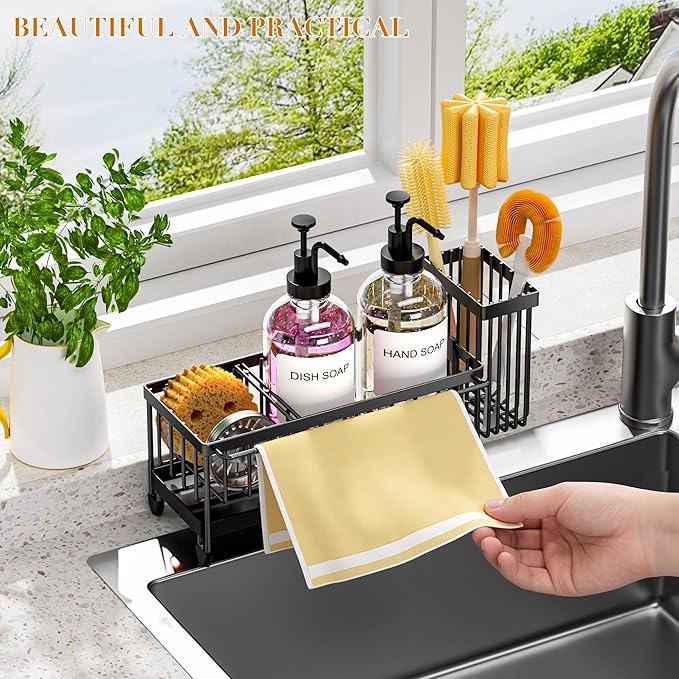 Kitchen Soap Dispenser Set with Sponge Holder and Towel Rack, 17OZ Glass Bottle, Hand and Dish Soap Dispenser Set, Non-Slip Silicone Pad, Brush Holder, Sink Organizer Countertop (Transparent)