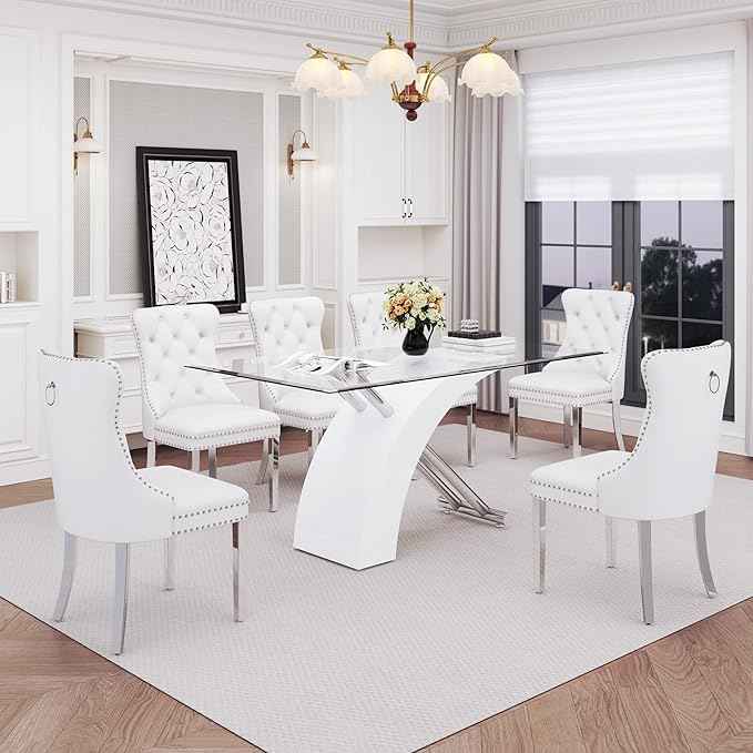 7 Piece Glass Dining Table Set for 6, 63" Modern Kitchen Table with 6 White Velvet Chairs, Tempered Glass Tabletop with White X-Shaped MDF Base, Modern Dining Room Set for Kitchen and Dining Room