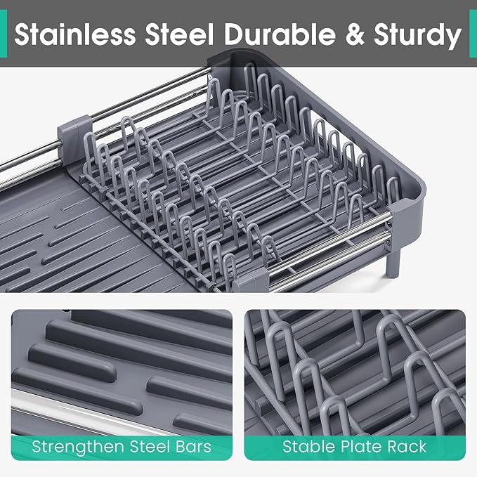 TOOLF Dish Drying Rack, Expandable Dish Rack for Kitchen Counter, Anti-Rust Dish Drainer, Sink Organization and Storage Essentials with Cutlery & Cup Holder, Gray