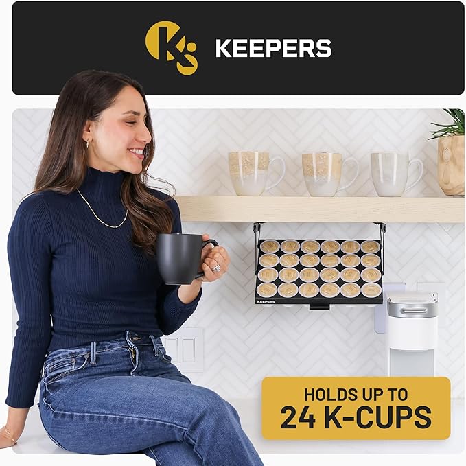 COFFEEKEEPERS KEEPERS Under Cabinet K Cup Holder with Swing-Down Access – Space-Saving Coffee Pod Holder and K Cup Organizer for 24 Pods – Steel Coffee Pod Organizer with Easy DIY Installation