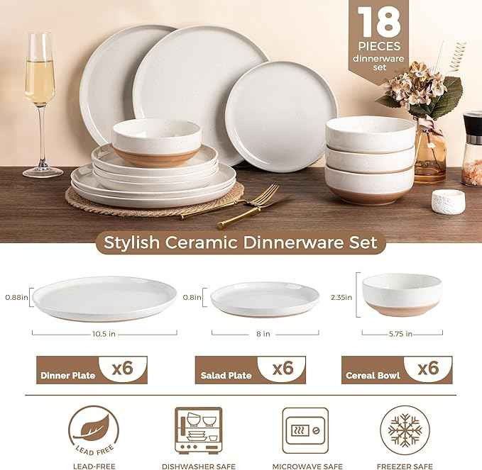 AmorArc Ceramic Dinnerware Sets for 6, 18 Pieces Handpainted Plates and Bowls Set with Rustic Terracotta Underside, Scratch Resistant Stoneware Dishes Set, Dishwasher & Microwave Safe,Light Beige