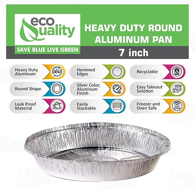 EcoQuality 7" Round Aluminum Foil Pans - Disposable Containers with Foldable Walls for Pie Baking, Cooking, Serving, Reheating, and Storing - Freezer and Oven Safe Tart Pan 250 Pack