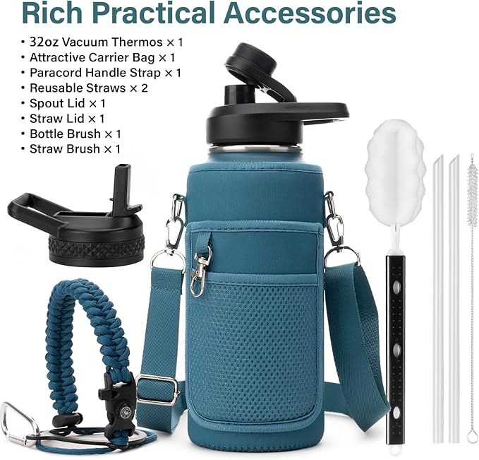 DYSANKY Insulated Water Bottle | Thickened Stainless Steel Vacuum Metal | Portable Sports Water Jug for Gym and Hiking with Straw, Carrier Bag, Handle Strap | BPA-Free 32 oz