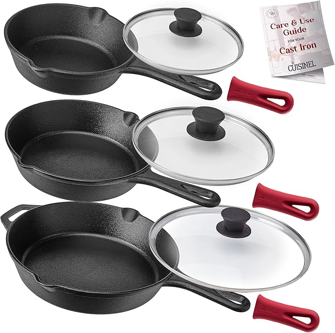 Cuisinel Cast Iron Skillet Set - 6"+8"+10"-Inch + Glass Lids + Silicone Handle Holder Covers - Pre-Seasoned Frying Pan - Oven Safe Cookware - Indoor/Outdoor, Grill, BBQ, Fire, Stovetop, Induction Safe