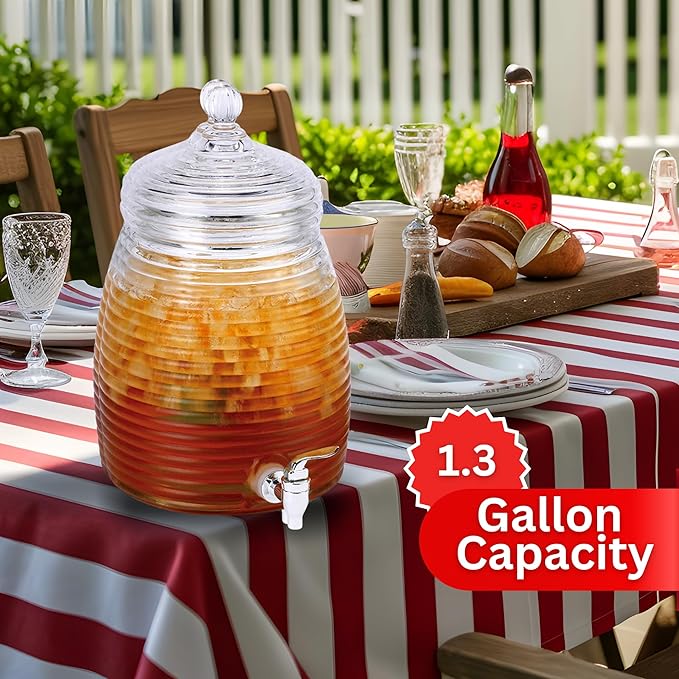 1.3 Gallon Glass Beehive Beverage Dispenser with Spigot- Drink Dispenser for Parties, Weddings and Showers- Mason Jar Style Glass Drink Container with Lid for Tea, Lemonade, and Infused Water