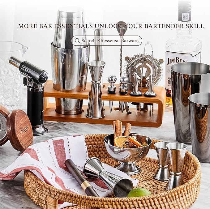 KITESSENSU Boston Shaker Set Bartender Kit with Stand | Bar Set Drink Mixer Set with All Essential Accessory Tools: Boston Shaker, Jigger, Strainer, Mixer Spoon, Muddler, Liquor Pourers |Silver