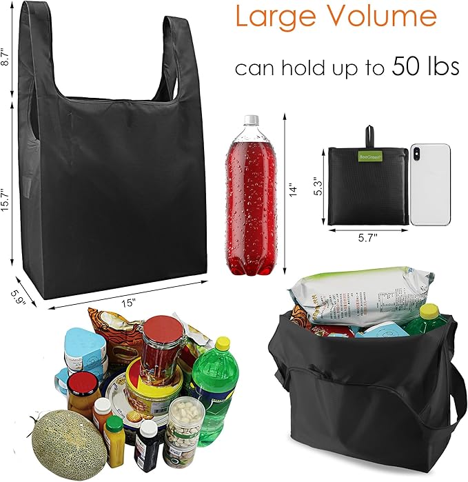 BeeGreen Black Reusable Grocery Bags Wholesale Dark Reusable Kitchen Bags Bulk Foldable-Machine Washable with Zipper Storage Pouch 50 Packs