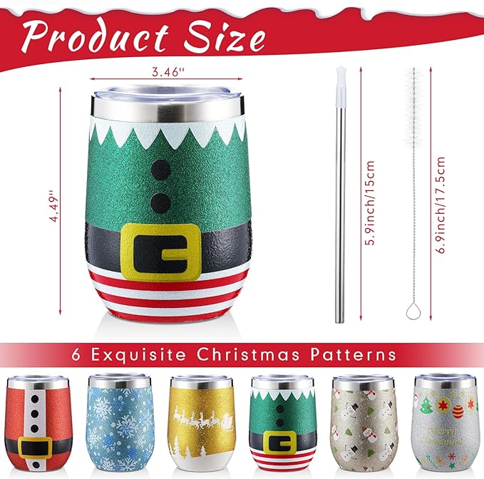 Sliner 6 Pack Pack Christmas Glitter Tumbler Bulk, 12 oz Holiday Wine Tumbler Set Stainless Steel Insulated Sparkling Glitter Cup with Lids Straws and Brushes Travel Mug Xmas Gift (Santa Belt Style)