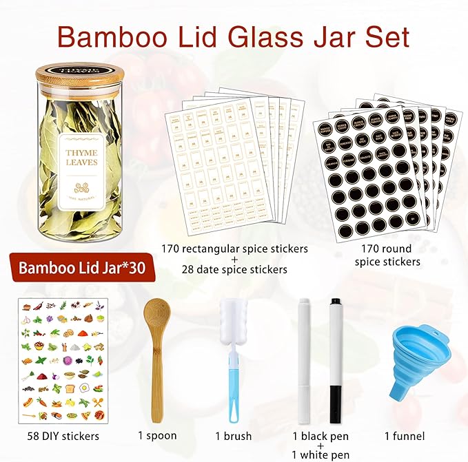 BGraceyy Spice Jars with Labels, 30Pcs 6oz Glass Spice Jars with Bamboo Lids, Minimalist Stackable Airtight Spice Containers with 426 labels for Kitchen Seasoning, Tea, Herbs, Coffee, Sugar,Shells
