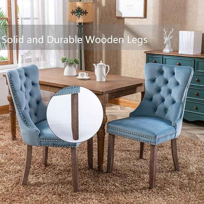 Upholstered Dining Chairs Set of 4, Velvet Dining Room Chairs with Back Ring Pull Trim and Solid Wood Legs, Tufted Wingback Kitchen Chair Perfect for Dining Room,Living Room,Kitchen(Light Blue)
