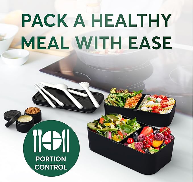 Umami Premium Lunch Box Containers w/ 4 Utensils, 2 Sauce Jars, Nestable Space-Saving Bento Box Adult, 100% Leakproof, Microwavable Lunch Containers for Adults, Sapele Black, 50 oz