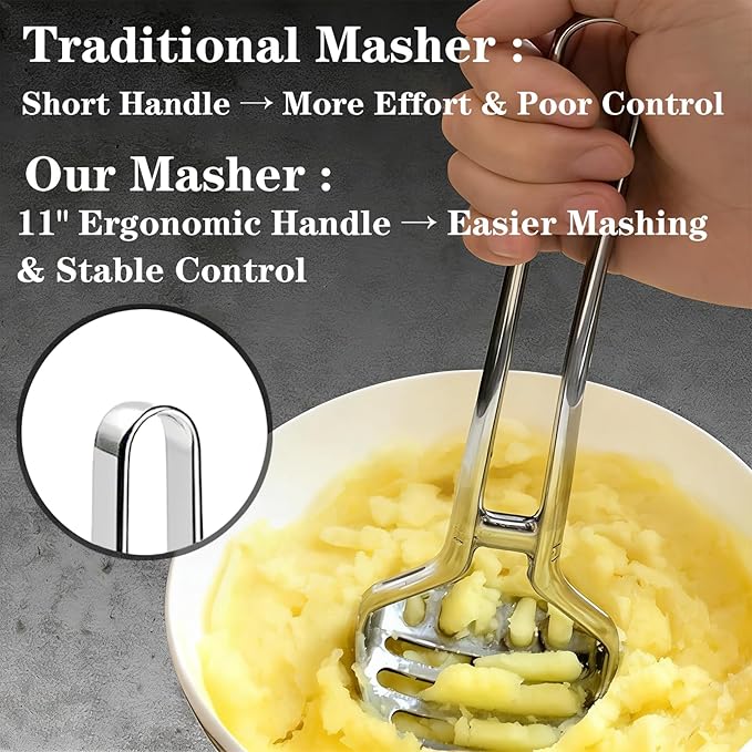 Heavy Duty One-Piece Potato Masher - Solid Stainless Steel, No Seams Never Breaks - Effortless Mashing for Potatoes, Beans, Avocados - Dishwasher Safe & Rustproof, 11-Inch Kitchen Heirloom