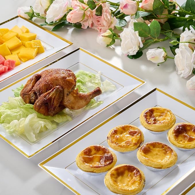 FOCUSLINE 8 PCS Plastic Serving Trays, White and Gold Rim Plastic Serving Platters, Disposable Tray for Food, Perfect for Wedding Parties