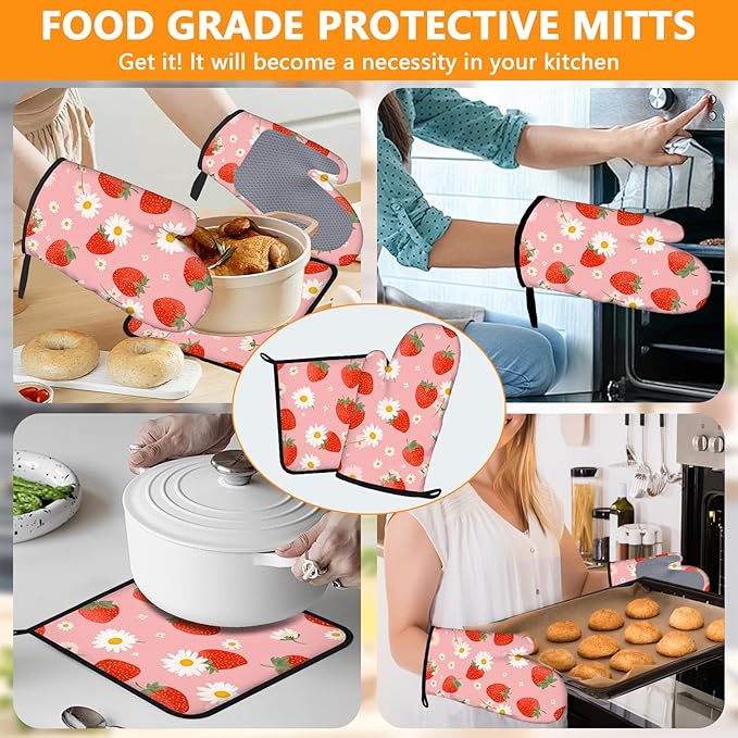 Strawberry Flowers Oven Mitts and Pot Holders Sets 4Pcs Silicone Non-Slip Mitts Heat Resistant Gloves Hot Pads for Kitchen Cooking Baking Grilling BBQ
