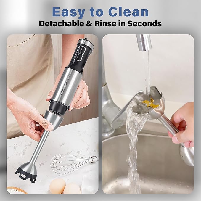 REVOTRA Immersion Blender Handheld, 6 in 1 Hand Blender, 12 Speed Stainless Steel Immersion Blender, Whisk, Chopper, Beaker, Beaters, Milk Frother