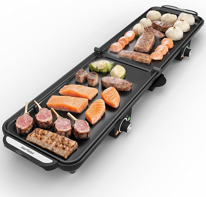 Sunvivi Large Electric Griddle 38'' x 9'', 1600W Indoor Grill with 2 Adjustable Temp Knobs, Even Heating, Nonstick Plate, Foldable Electric Grill Pan Indoor with Drip Tray, Easy to Clean