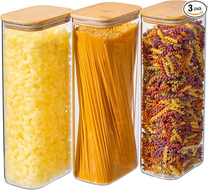 71oz 3PCS Rectangle Spaghetti Pasta Storage Containers with Lids, Tall Pantry Containers, Glass Tight Food Storage Jars with Lids for Penne, Macaroni, Lasagna, Fusilli, Cereal, Flour, Oats