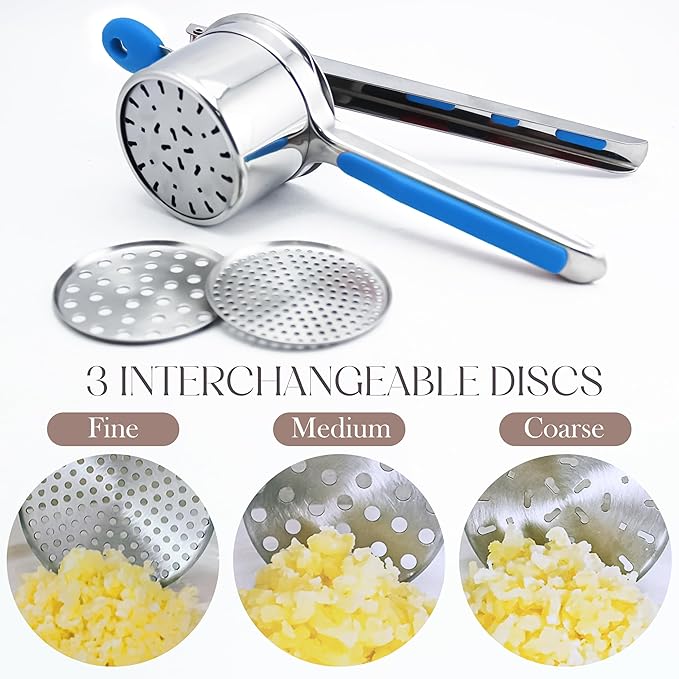Bellemain 15 oz Large Potato Ricer | Heavy-Duty Stainless Steel Ricer & Masher | Perfect for Mashed Potatoes | Kitchen Tool with 3 Interchangeable Discs (Blue)