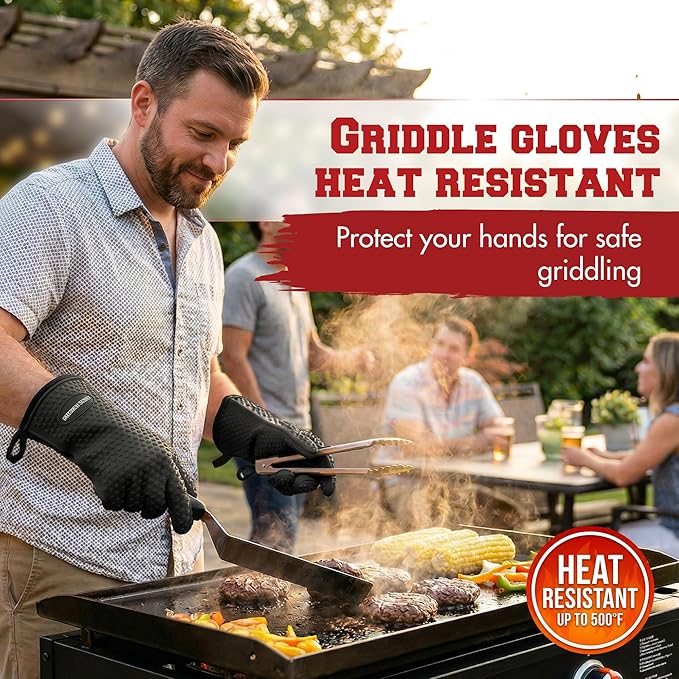 KITCHEN PERFECTION Silicone Oven & Griddle Gloves -Extreme Heat Resistant BBQ & Grilling Gloves -Handle Hot Food Right on Your Griddle |Waterproof Oven Mitts Grill Gloves |Superior Set+3 Bonuses