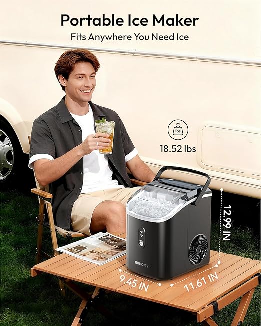 EUHOMY Nugget Ice Maker Countertop with Handle, Ready in 6 Mins, 38lbs/Day, Removable Top Cover, Self-Cleaning, Portable Chewable Ice Maker with Basket, Scoop, for Home/RV/Party/Camping (Black)