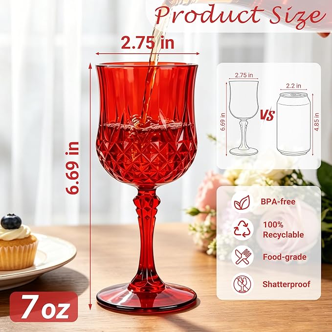 Plastic Wine Glasses, Plastic Goblets Vintage Style Cordial Unbreakable Drinking Glasses, Reusable Drinkware for Wedding Reception, Grand Event Party Supplies,Mother's Day (48, Red)