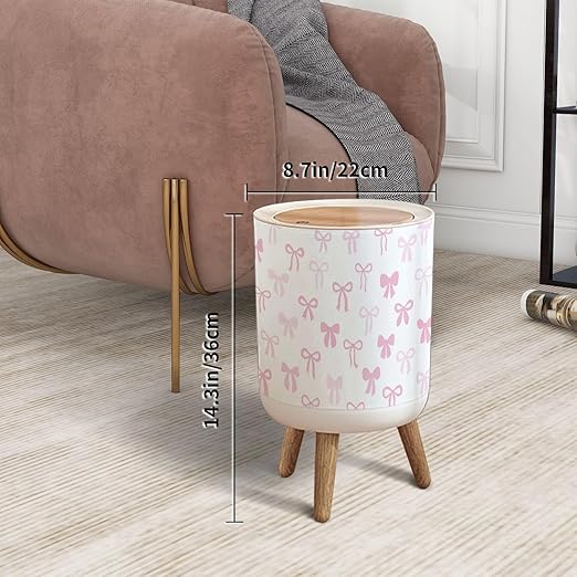 Trash Can with Lid Pink Bow Cute Seamless Elegant Coquette Hand Drawn Ribbon Press Top Round Small Garbage Bin with Wooden Legs Waste Basket for Kitchen Bedroom Nursery 7L/1.8 Gallon