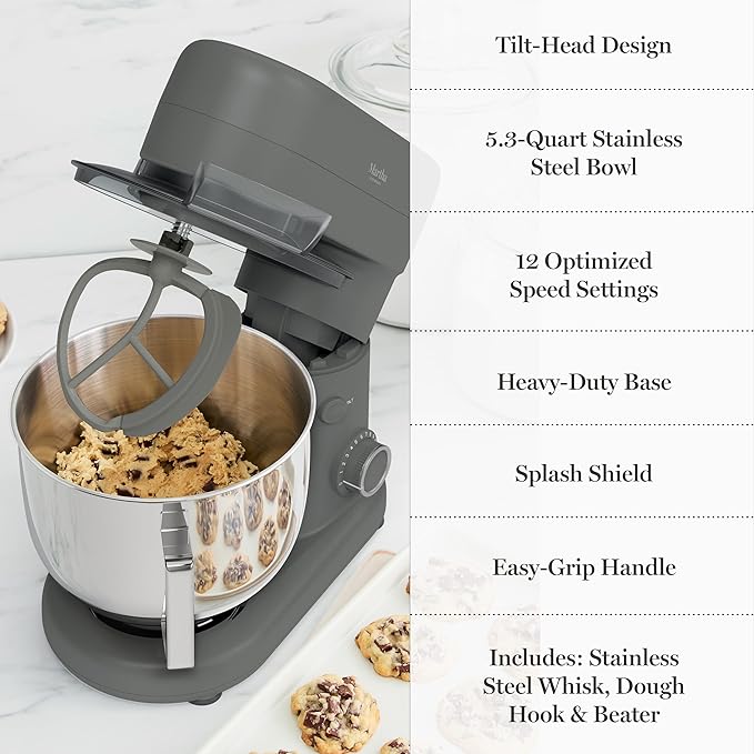Martha Stewart Stand Mixer, 12 Speed, Tilt-Head, 5.3QT Stainless Steel Bowl, Splash Guard with Pour Chute, Whisk, Dough Hook, Flat Beater, Electric Kitchen Baking Mixer, Bread, Cake, Whip, Caviar Gray