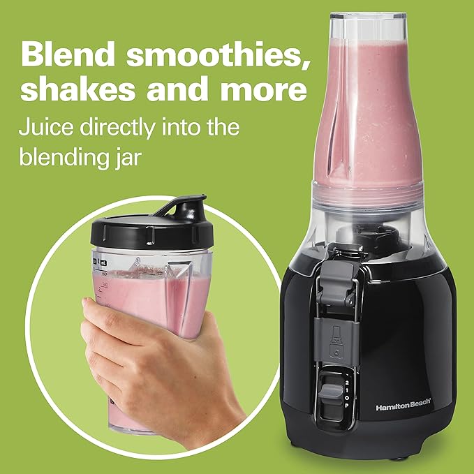 Hamilton Beach Juice & Blend 2-in-1 Juicer Machine and 20 oz. Blender, Big Mouth Large 3” Feed Chute for Whole Fruits and Vegetables, Easy to Clean, Centrifugal Extractor, 800W Motor, Black (67970)