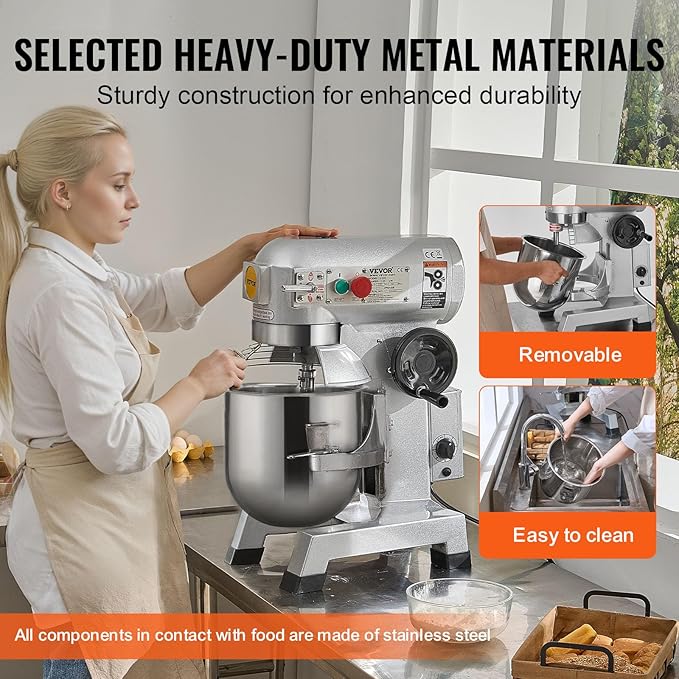 VEVOR Commercial Food Mixer, 20Qt Commercial Mixer with Timing Function, 750W Stainless Steel Bowl Heavy Duty Electric Food Mixer Commercial with 3 Speeds Adjustable 108/199/382 RPM, Dough Hook Whisk
