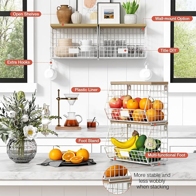 Goozii White Fruit Storage Basket for Kitchen Counter Set of 2, Wall Mount Wire Fruit Basket with Shelf with Banana Hanger, Hanging Countertop Organizer for Bathroom Pantry Cabinet, White + Natural