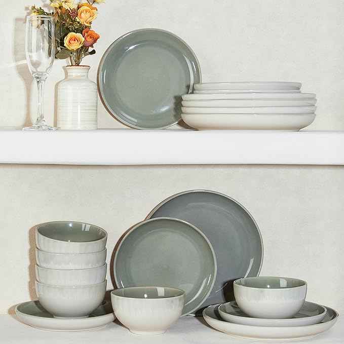 Stoneware Dinnerware Sets Service for 12, 36 pcs Reactive Glaze Plates and Bowls Sets, Handmade Ceramic Dish Set, Highly Chip and Crack Resistant Modern Plate Set, Gradient Green