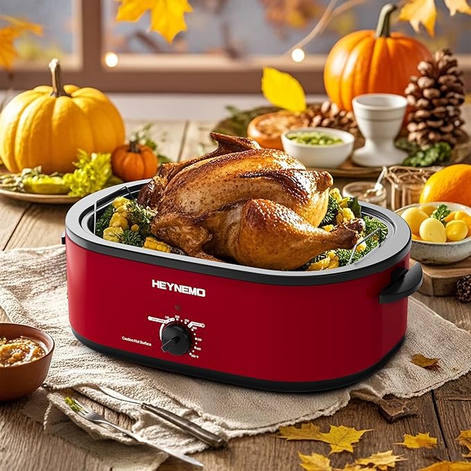 18 Quart Roaster Oven with Self-Basting Lid, Electric Turkey Roaster Oven with Defrost & Warm Function, Adjustable Temperature, Removable Pan & Rack, Stainless Steel, Red