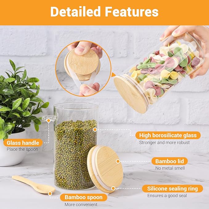 Glass Storage Jars with Airtight Lids - 2 Pack 23 Fl.oz Round Glass Jars with Bamboo Lids and Spoon, Includes Labels and Marker, Pantry Canisters for Sugar, Pasta, Cereal, Tea Container