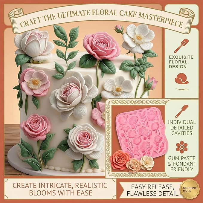 1 Pcs Beautiful Rose Silicone Mold, Food-Grade Romantic Floral Wedding Cake Decoration Fondant Mold, for Chocolate Candy Sugar Crafts Flower Paste Dough Chewing Gum Resin Crafts Plaster Clay
