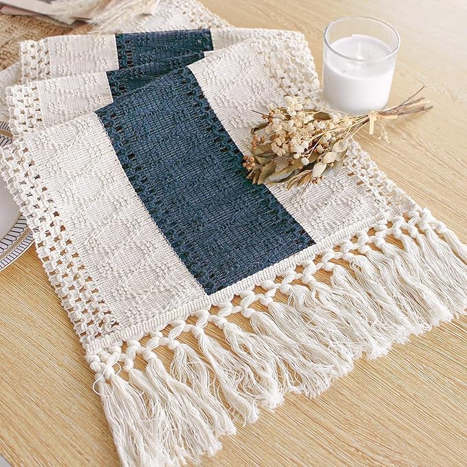 FEXIA Boho Table Runner 90 Inches Long with Tassels Farmhouse Rustic Cream & Blue Macrame for Dining Bedroom Baby Bridal Shower Decor(12x90 Inches)