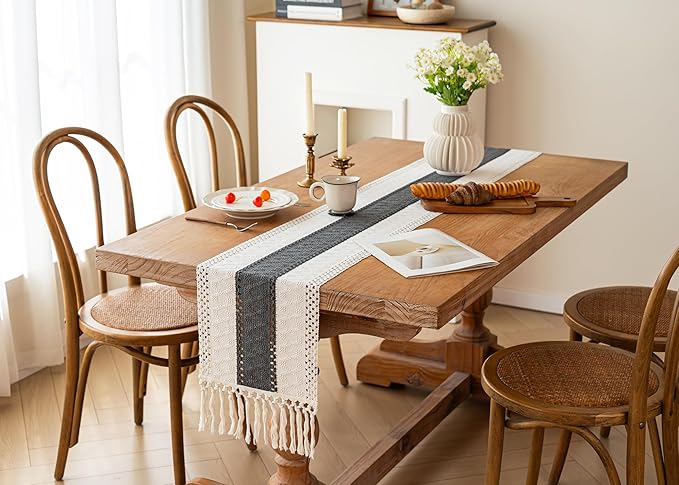 FEXIA Boho Table Runner for Christmas Home Decor with Tassels 72 Inches Long Farmhouse Grey Rustic Table Runner Macrame Burlap Table Decoration for Living Room Bridal Shower(12x72 Inches)