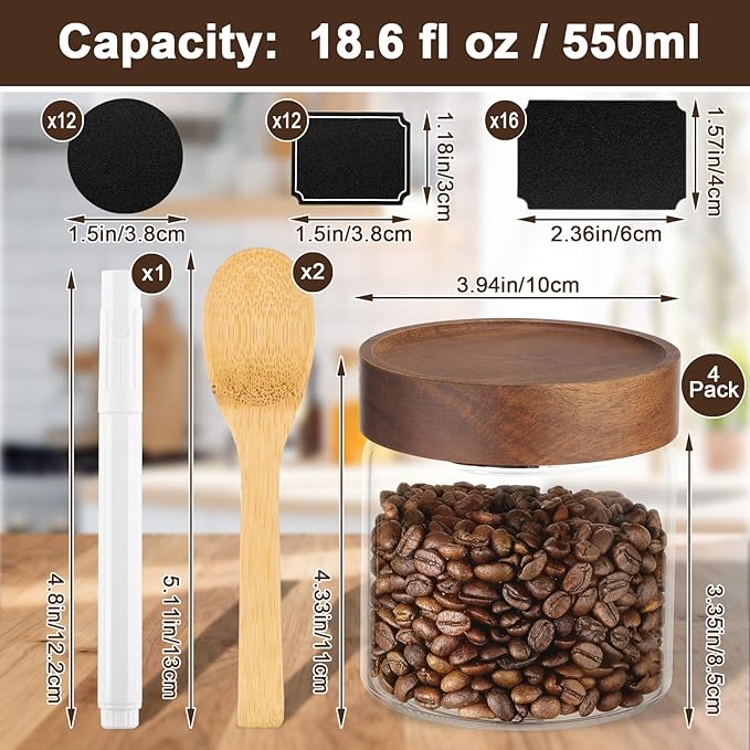 19oz Glass Jar with Wood Lid, 4 Pack Coffee Jars with Airtight Screw Lids, Wide Mouth Pantry Storage Canister for Sugar, Tea, Beans, Snacks, Overnight Oats - 3.9 x 3.9 inch Spice Bottle