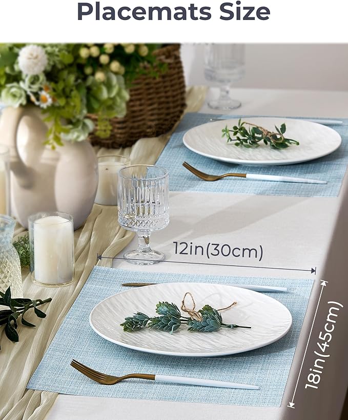 Leetaltree Soft Sky Blue Woven Placemats Set of 4 - Heat Resistant Non-Slip Place mats for Dining Table, Washable Durable PVC Vinyl Woven Table Mats(Sky Blue, 4)