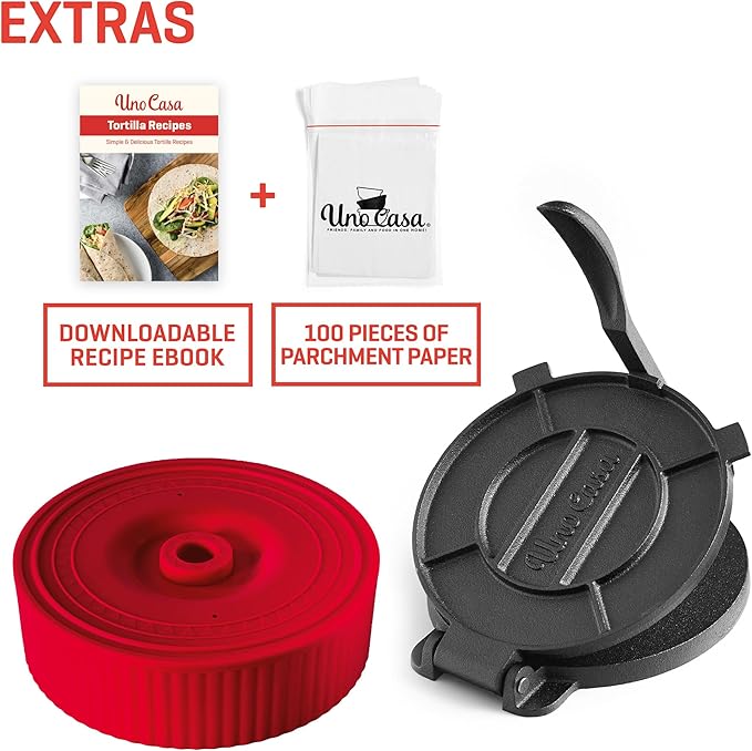 Uno Casa Cast Iron Tortilla Press 8 Inch with Tortilla Warmer - Bundle of Pre-seasoned Quesadilla, Roti and Pataconera Maker With Taco Shell Warmer including 100 Pcs Parchment Paper