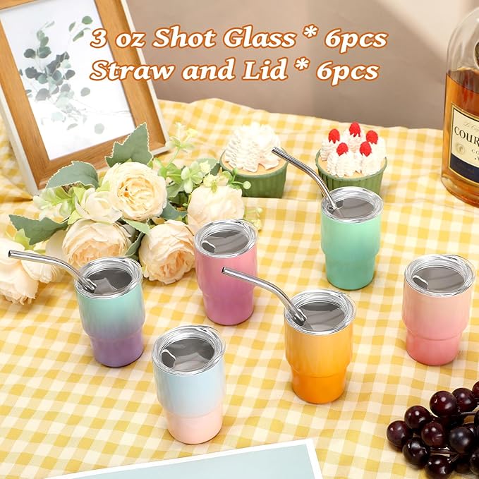 6 Pack 3 oz Gradient Mini Tumbler Shot Glass with Straw and Lid,Sublimation Shot Glasses Stainless Steel Vacuum Insulated Mini Tumblers Cups Gifts for Wedding Cocktail Party