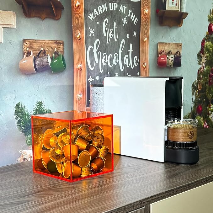Coffee Capsule Storage Box Coffee Pod Holder Organizers Accessories Anti Dust Durable Clear Acrylic Box for House and Office Use, Orange, 5x5 In